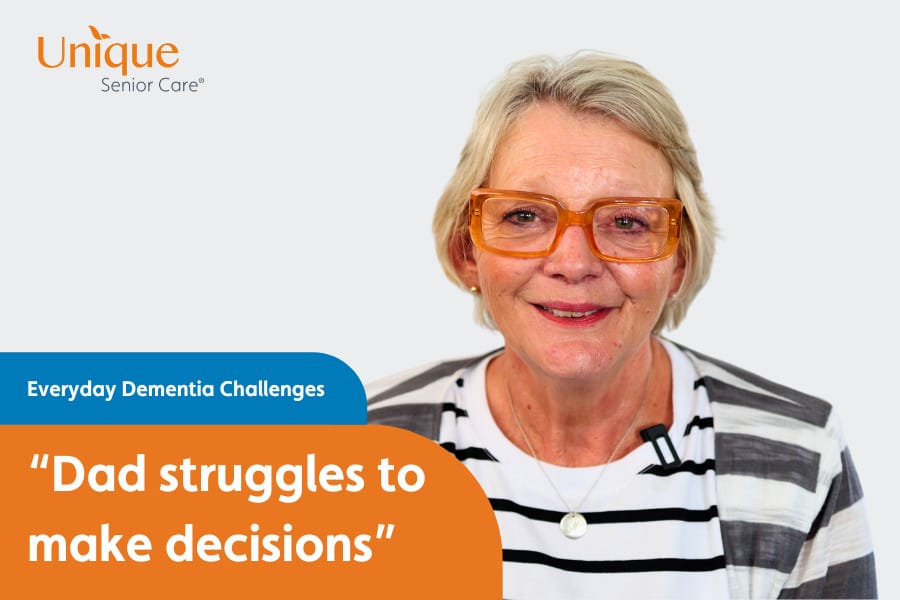 Woman sharing her experience with her father who struggles to make decisions, part of the Everyday Dementia Challenges series by Unique Senior Care