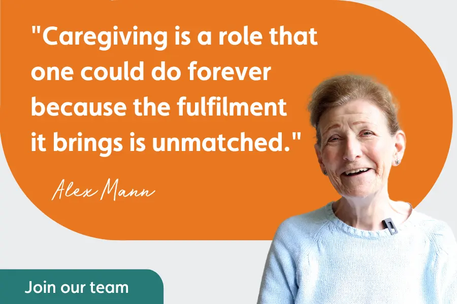 Alex Mann, smiling while wearing a light blue jumper, with a quote beside her that reads: "Caregiving is a role that one could do forever because the fulfilment it brings is unmatched."