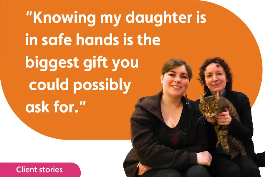 Jo and her daughter Angharad sitting together with their cat, sharing their story about finding the right caregiver and the peace it brought to their family.