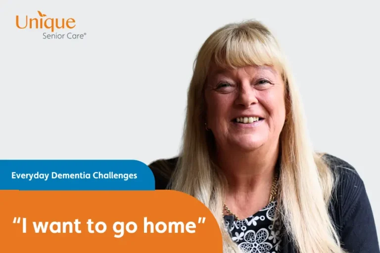 Jayne Vale, dementia expert, smiling, overlayed with the text "everyday dementia challenges: "I want to go home"