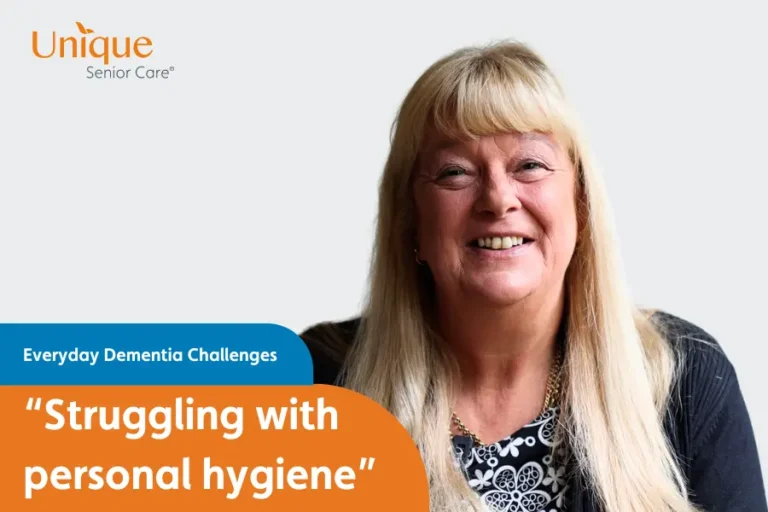 Jayne Vale, dementia expert smiling, overlayed with the text "Struggling with persona hygiene"