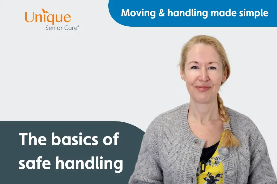 Jo cleary smiling at teh cmaera with the wording 'the basics of safe handling' and 'moving & handling made simple'