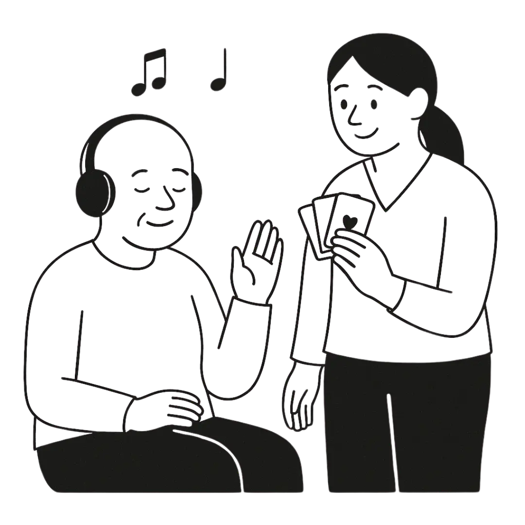 person listening to music and person with playing cards illustration