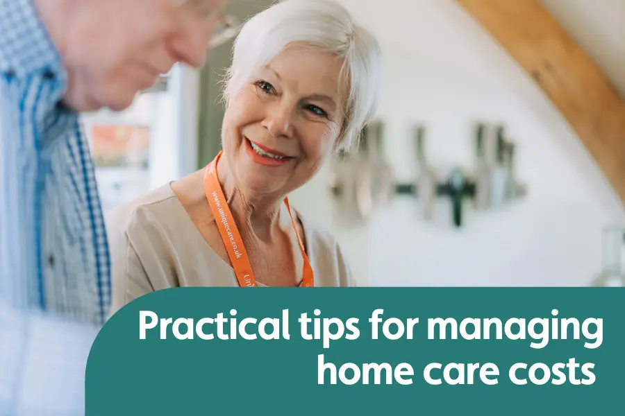 Featured image for blog titled 'tips for managing care costs', featuring a lady in a unique senior care lanyard smiling at an elderly gentleman