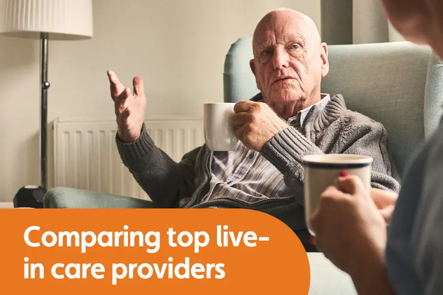 Featured image for blog comparing top live-in care providers featuring an older man talking inquisitively to someone out of frame