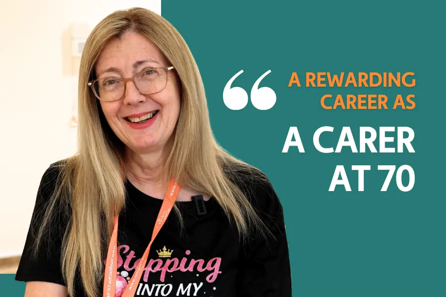 Featured image for caregiver valeries testimonial video and blog. Text reads: rewarding career as a carer at 70
