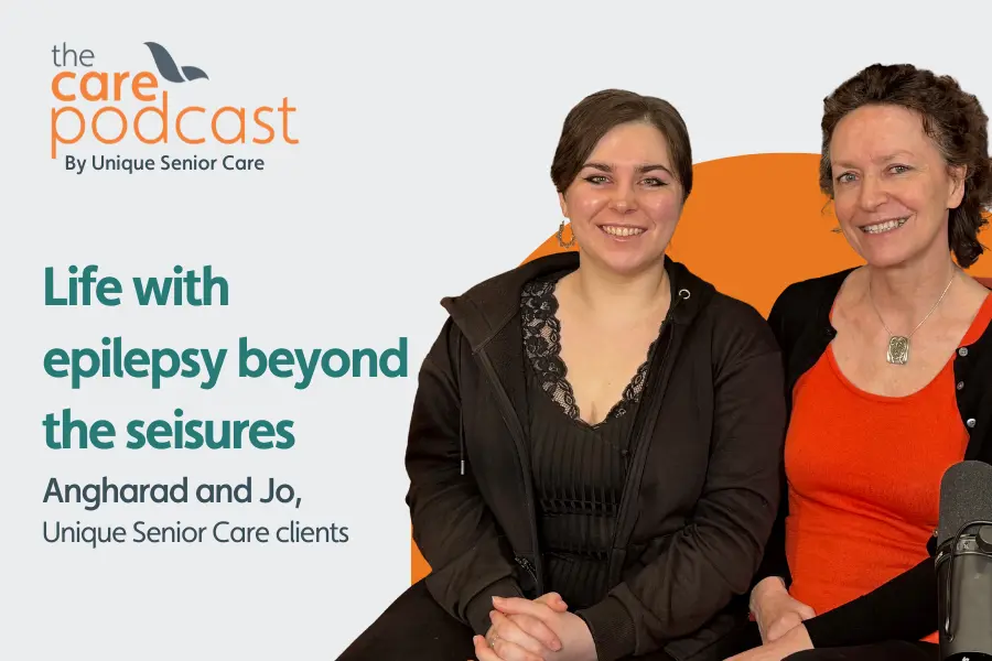 Featured image for podcast episode featuring Jo and Angharad, showing them both sat together smiling at the camera