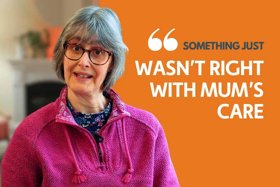 Featured image for heathers case study, feauring an image pf heather with the text 'something just wasn't right with mum's care'