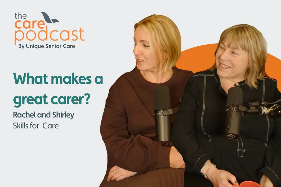 Featured image for podcast featuring Skills for Care. Image shows Shirley and Rachel smiling at someone off camera