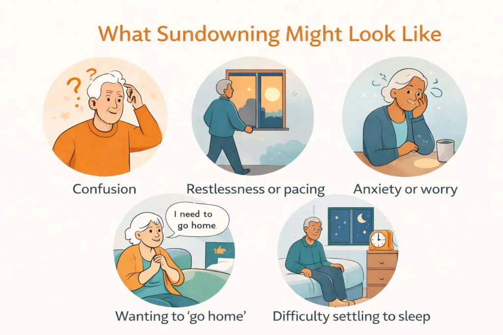 Image depicting the different sings of sundowning such as confusion, pacing, anxiety, wanting to 'go home' or difficulty sleeping