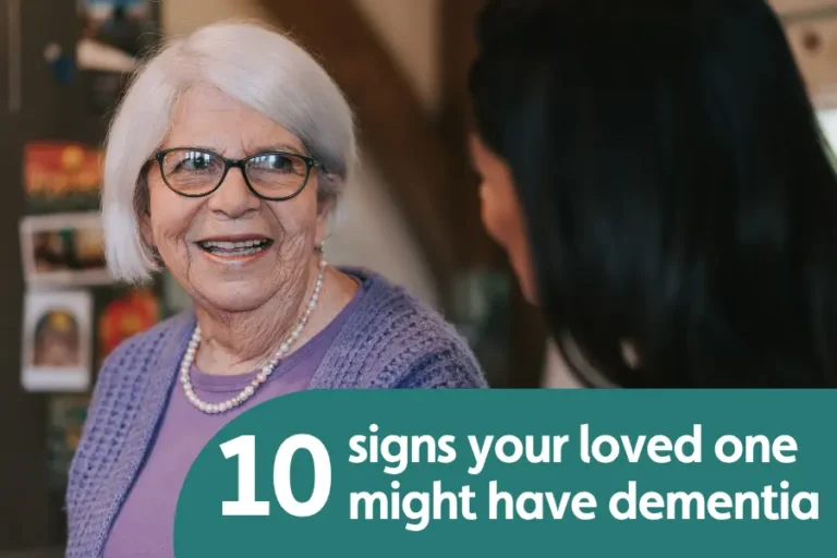 Featured image for blog on ten signs your loved one might have dementia. Image shows and elderly lady smiling at someone with their back to the camera