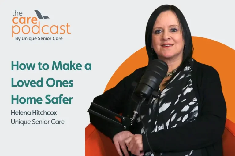 Featured image for podcast on making a loved ones home safer. Image shows Helena Hitchcox sat in the podcast studio with a microphone in front of her