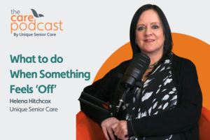 Featured image for podcast on what do do when something feels 'off; Image shows Helena Hitchcox sat in the podcast studio with a microphone in front of her