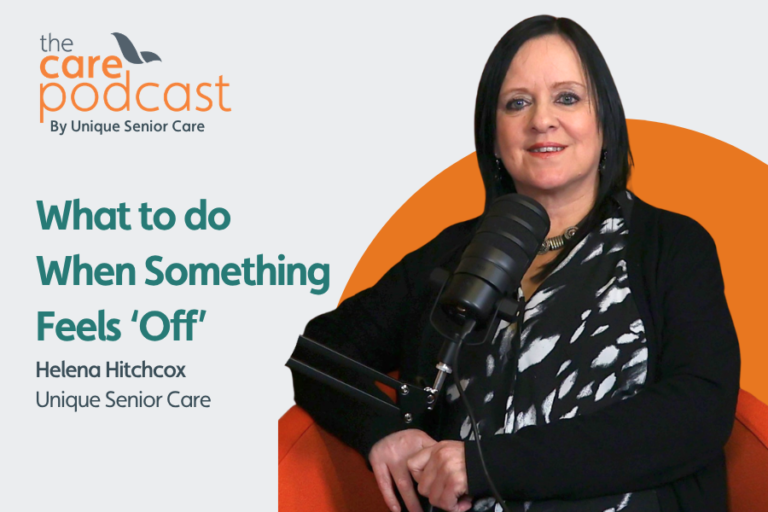 Featured image for podcast on what do do when something feels 'off; Image shows Helena Hitchcox sat in the podcast studio with a microphone in front of her