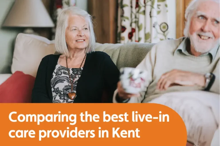 Elderly couple enjoying a conversation. Text overlay reads 'a guide to live-in care in Kent'