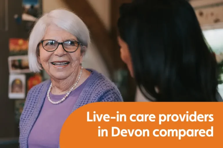 Smiling elderly woman with caregiver. Overlay reads 'Live-in care in devon compared'