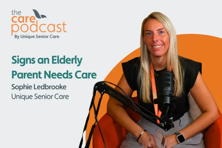 Head of live-in care, Sophie Ledbrooke, sat in front of a podcast microphone. with the text 'Signs an elderly parent needs care'