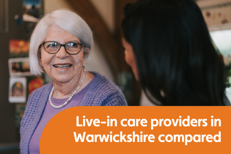 Featured image for blog comparing live-in care providers in Warwickshire Image shows a woman smiling which looking at another lady who has her back to the camera
