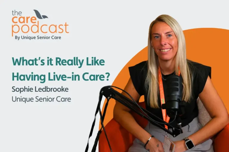 Head of live-in care, Sophie Ledbrooke, sat in front of a podcast microphone. with the text 'What's it really like having live-in care?'