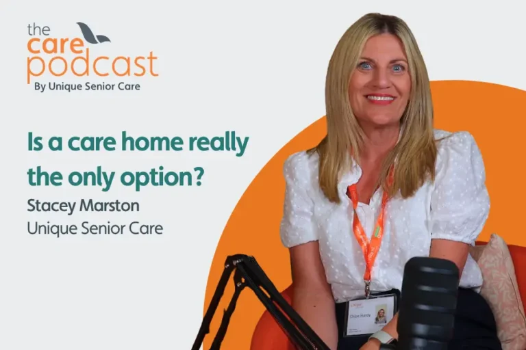 Client services manager, Stacey marston sat in front of a podcast microphone. with the text 'Is a care home really the only option?'