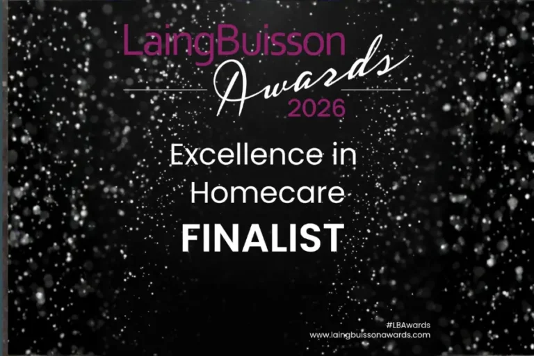 Text overlayed on a sparkly background reads 'excellence in homecare finalist'