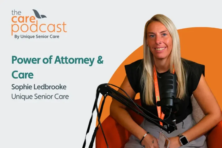 Head of live-in care, Sophie Ledbrooke, sat in front of a podcast microphone. with the text 'Power of Attorney & Care'