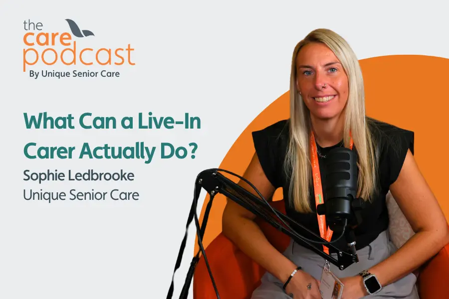 Head of live-in care, Sophie Ledbrooke, sat in front of a podcast microphone. with the text 'What can a live-in carer do?'
