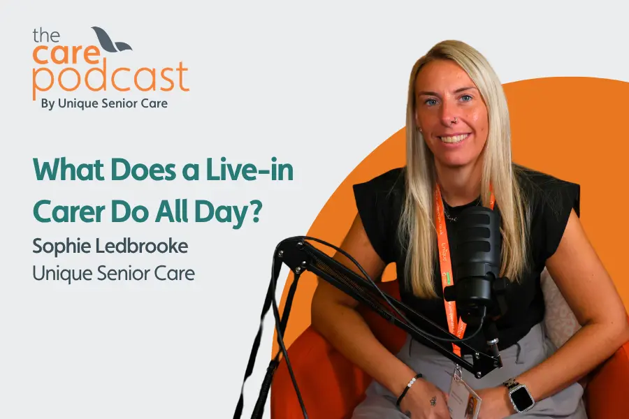Head of live-in care, Sophie Ledbrooke, sat in front of a podcast microphone. with the text 'What does a live-in carer do all day?'