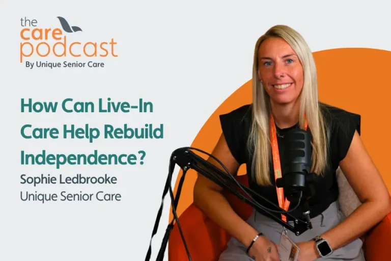 Head of live-in care, Sophie Ledbrooke, sat in front of a podcast microphone. with the text 'How can Lie-in care help regain independence?'