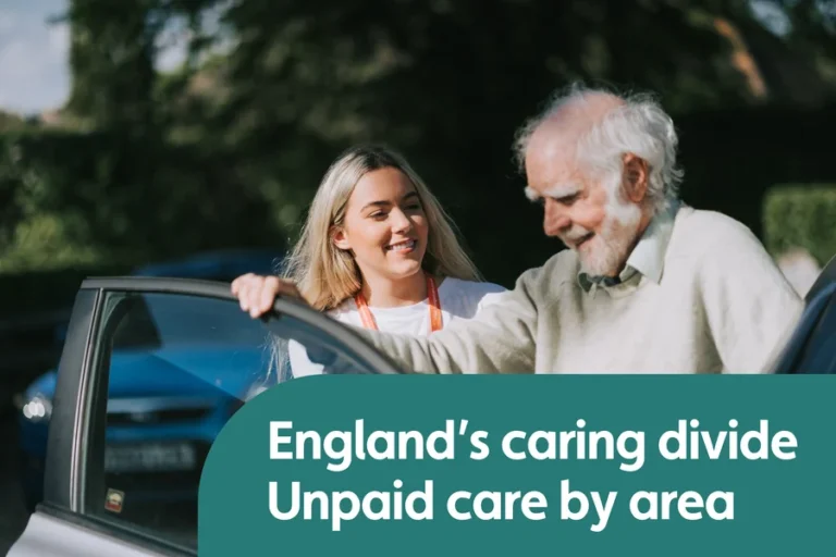 Younger woman supporting an older man beside a car, representing unpaid care provided by families across England.