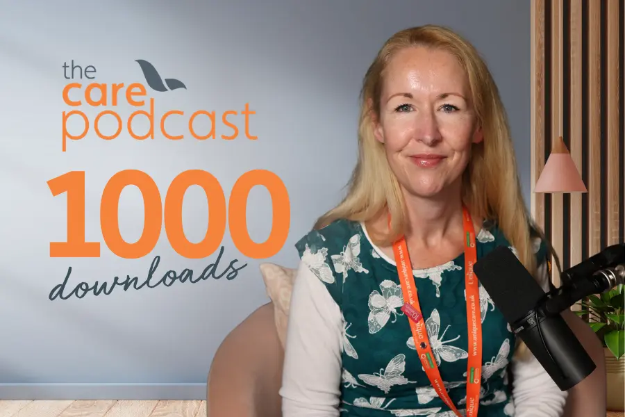 Jo Cleary, Host of The Care Podcast, celebrating 1,000 podcast downloads, with the podcast logo and microphone.