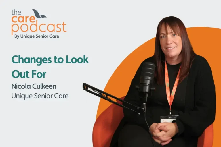 Head of live-in care, Nicola Culkeen, sat in front of a podcast microphone. with the text 'Changes to look out for'