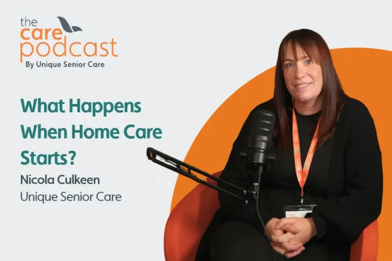 Registered manager, Nicola Culkeen, sat in front of a podcast microphone. with the text 'what happens when home care starts?'