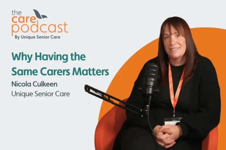 Registered manager, Nicola Culkeen, sat in front of a podcast microphone. with the text 'why having the same carers matters'